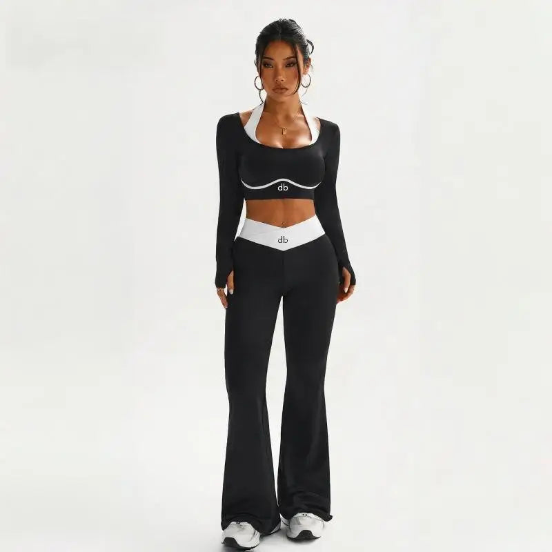 Ensemble manches longues col contrasté + pantalon évasé