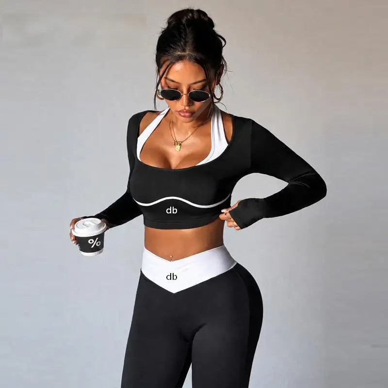 Ensemble manches longues col contrasté + pantalon évasé